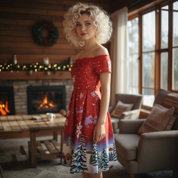 VINTAGE CHRISTMAS HOLIDAY Dress Small 4 6 Rockabilly Pin Up Off Shoulder Festive - Picture 14 of 14